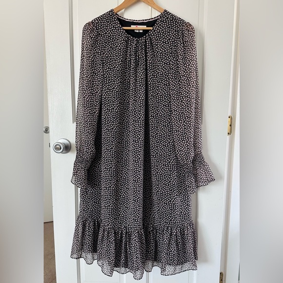 Boden Dresses & Skirts - BODEN Black Pink Ditsy Floral Chiffon Long Sleeve A-line Midi Dress Size 10L